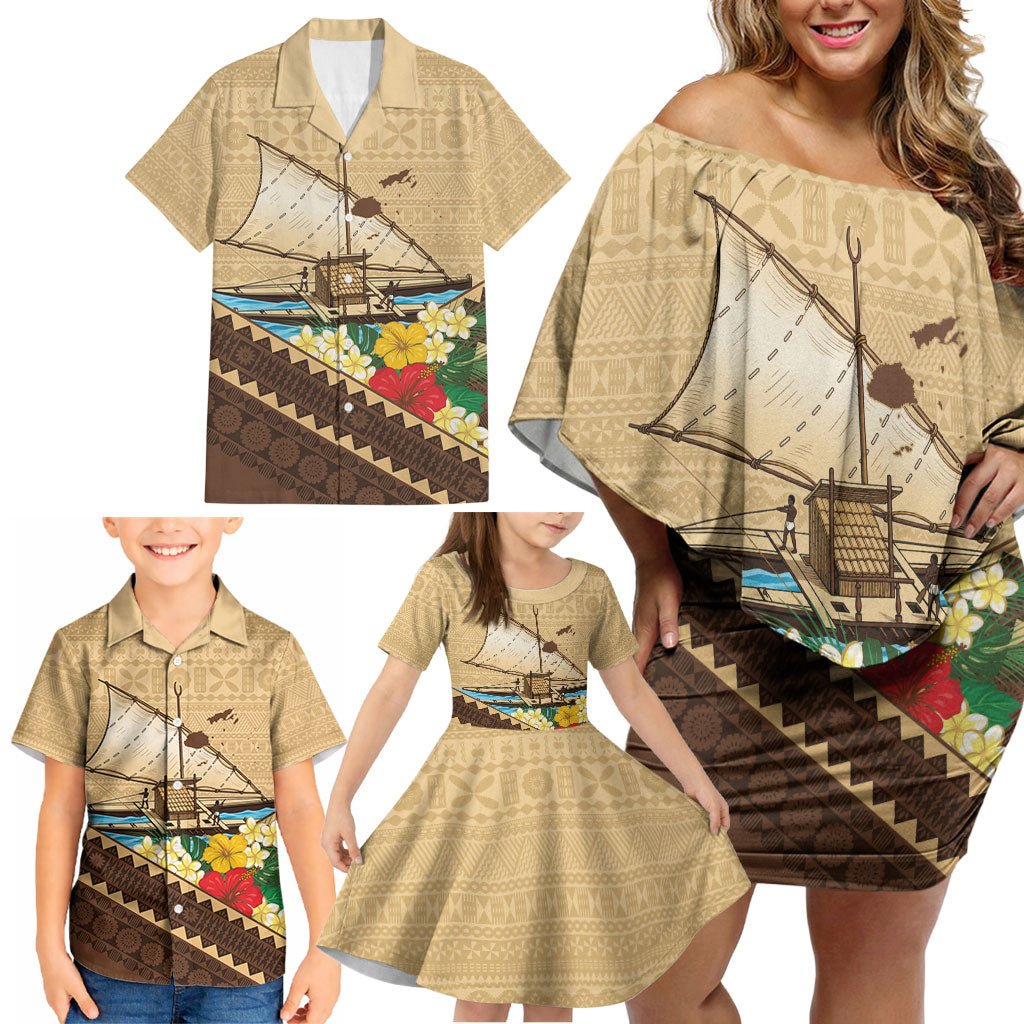 Personalised Bula Vinaka Fiji Drua Family Matching Off Shoulder Short Dress and Hawaiian Shirt Fijian Traditional Canoe Tapa Cloth Beige