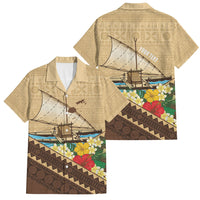 Personalised Bula Vinaka Fiji Drua Family Matching Off Shoulder Short Dress and Hawaiian Shirt Fijian Traditional Canoe Tapa Cloth Beige