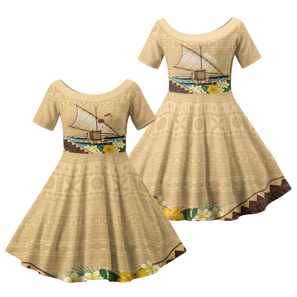 Personalised Bula Vinaka Fiji Drua Family Matching Off Shoulder Short Dress and Hawaiian Shirt Fijian Traditional Canoe Tapa Cloth Beige