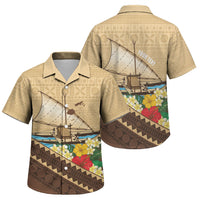 Personalised Bula Vinaka Fiji Drua Family Matching Off Shoulder Short Dress and Hawaiian Shirt Fijian Traditional Canoe Tapa Cloth Beige