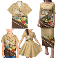 Personalised Bula Vinaka Fiji Drua Family Matching Puletasi and Hawaiian Shirt Fijian Traditional Canoe Tapa Cloth Beige