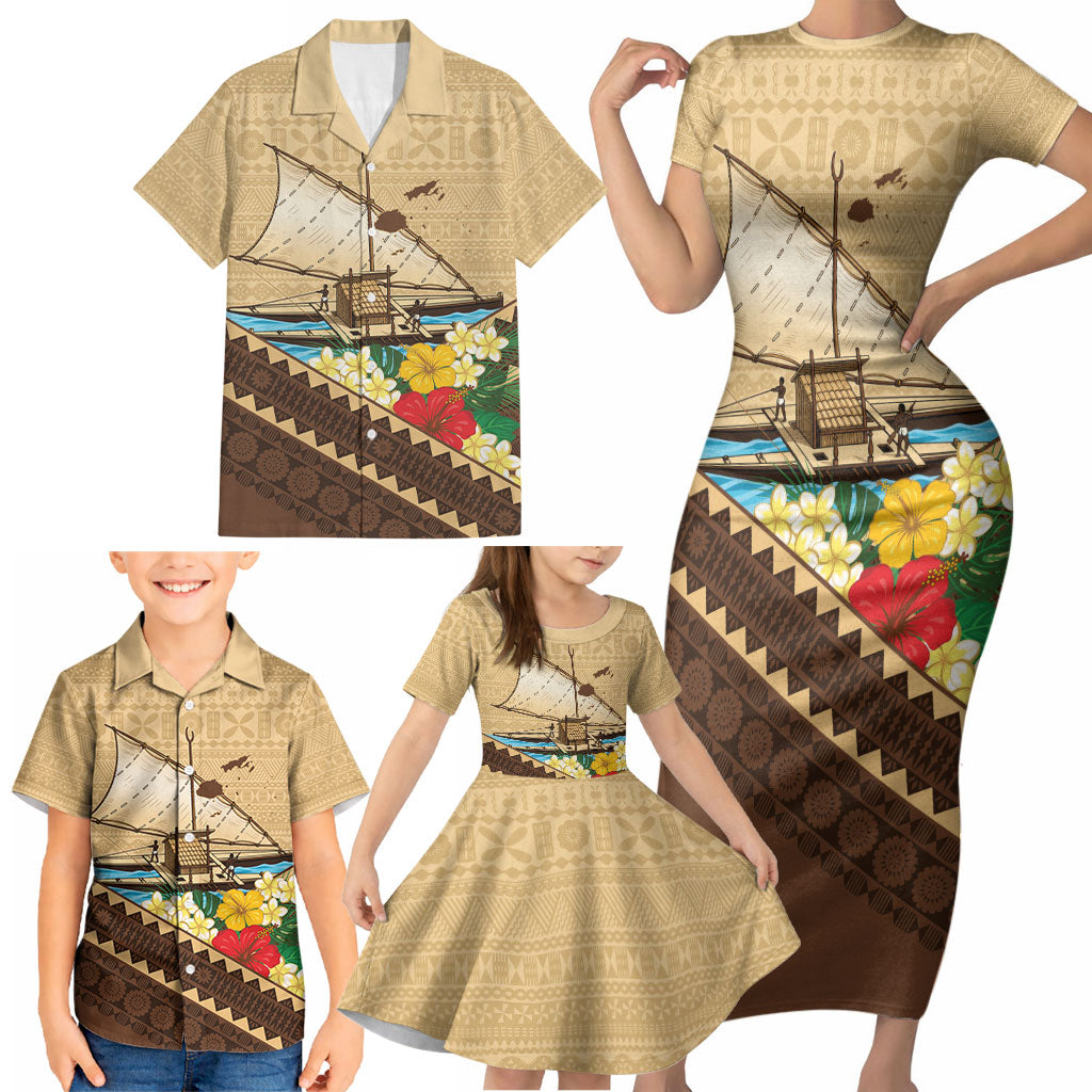 Personalised Bula Vinaka Fiji Drua Family Matching Short Sleeve Bodycon Dress and Hawaiian Shirt Fijian Traditional Canoe Tapa Cloth Beige