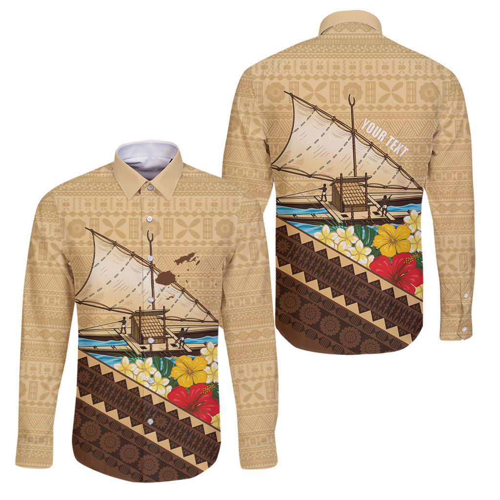 Personalised Bula Vinaka Fiji Drua Family Matching Summer Maxi Dress and Hawaiian Shirt Fijian Traditional Canoe Tapa Cloth Beige LT14 Dad's Shirt - Long Sleeve Beige - Polynesian Pride
