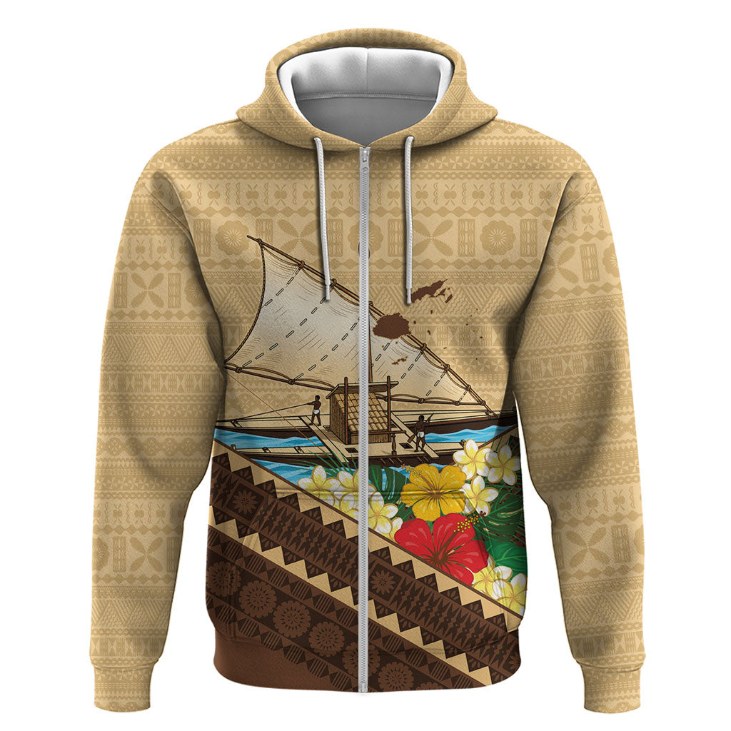 Personalised Bula Vinaka Fiji Drua Hoodie Fijian Traditional Canoe Tapa Cloth Beige LT14 Zip Hoodie Beige - Polynesian Pride