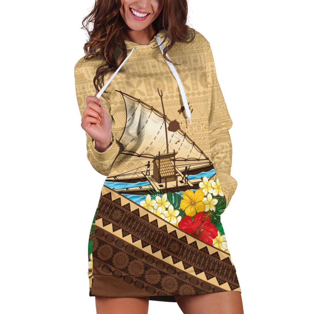 Personalised Bula Vinaka Fiji Drua Hoodie Dress Fijian Traditional Canoe Tapa Cloth Beige