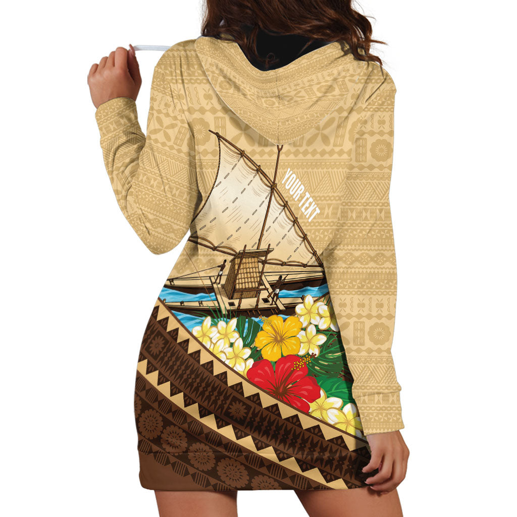 Personalised Bula Vinaka Fiji Drua Hoodie Dress Fijian Traditional Canoe Tapa Cloth Beige