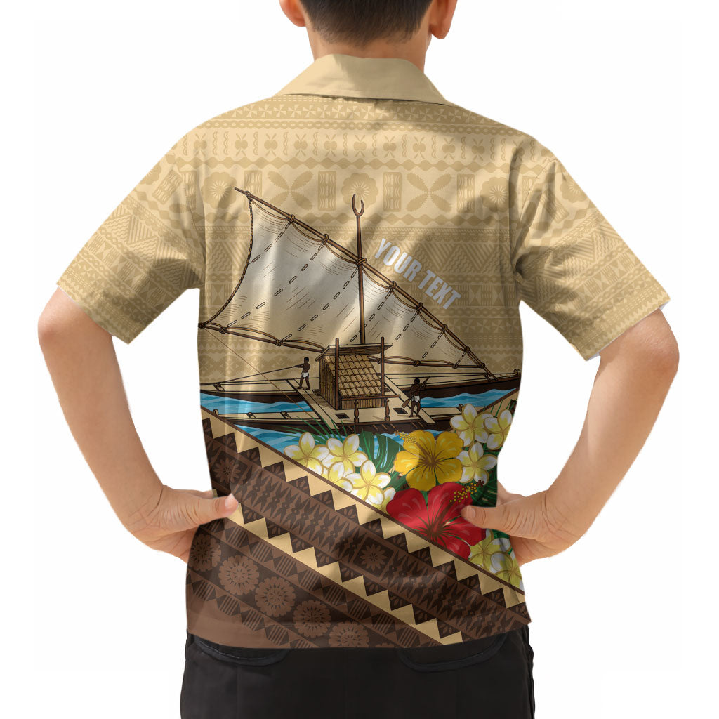 Personalised Bula Vinaka Fiji Drua Kid Hawaiian Shirt Fijian Traditional Canoe Tapa Cloth Beige