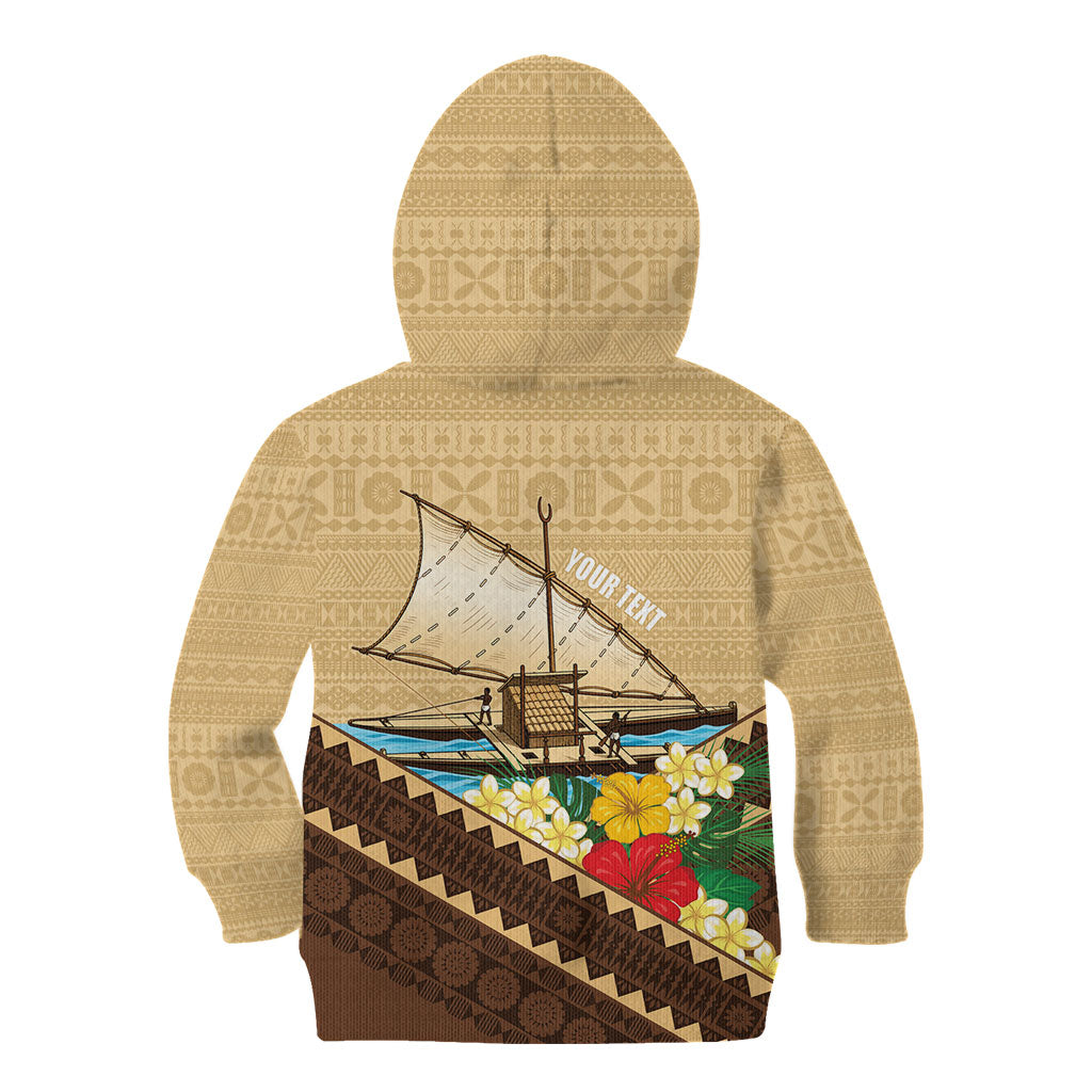 Personalised Bula Vinaka Fiji Drua Kid Hoodie Fijian Traditional Canoe Tapa Cloth Beige