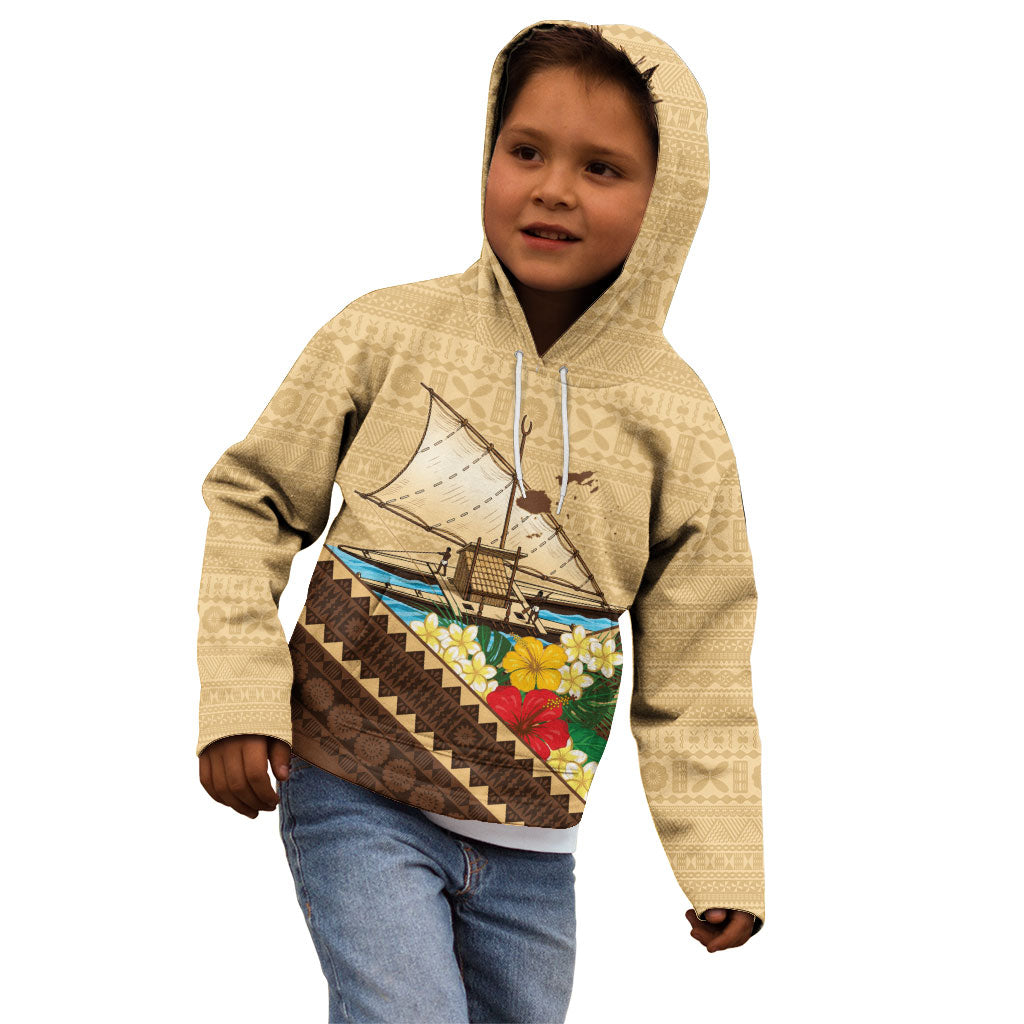 Personalised Bula Vinaka Fiji Drua Kid Hoodie Fijian Traditional Canoe Tapa Cloth Beige