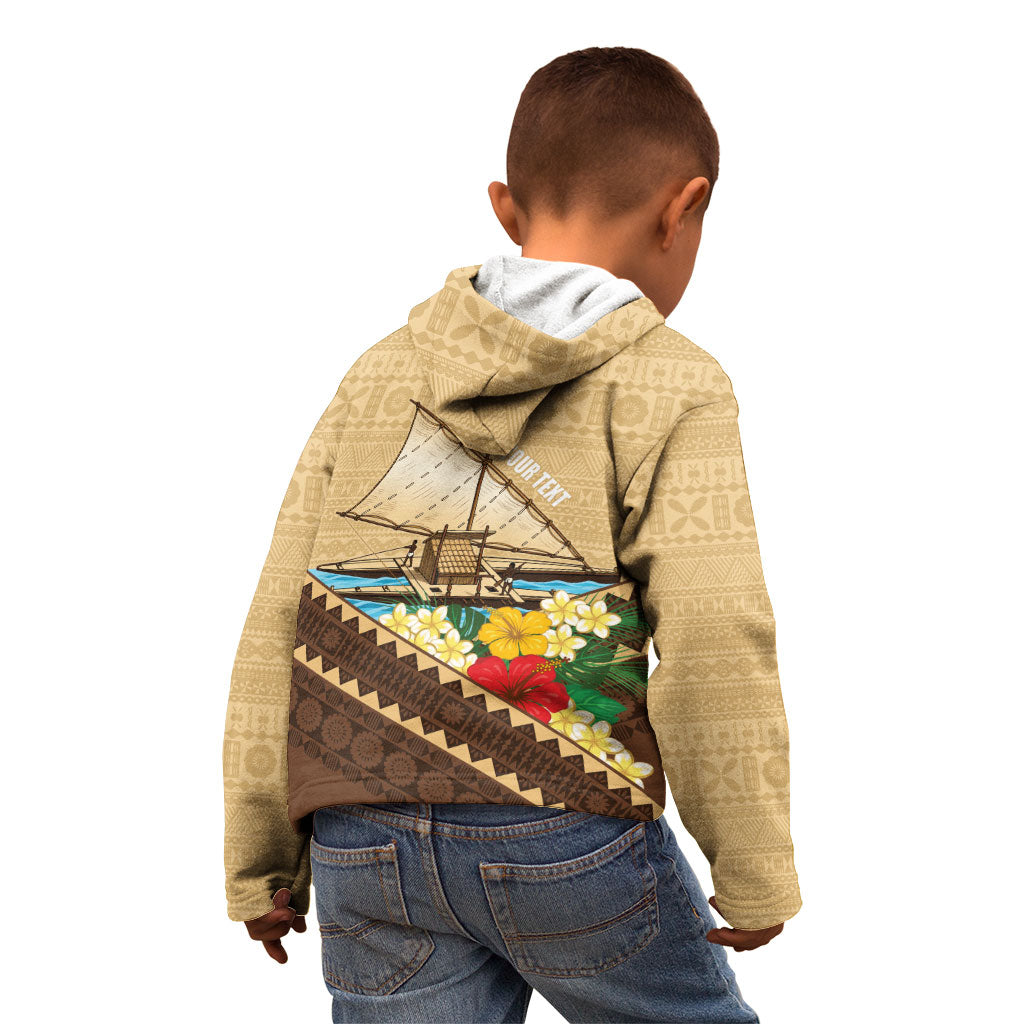 Personalised Bula Vinaka Fiji Drua Kid Hoodie Fijian Traditional Canoe Tapa Cloth Beige
