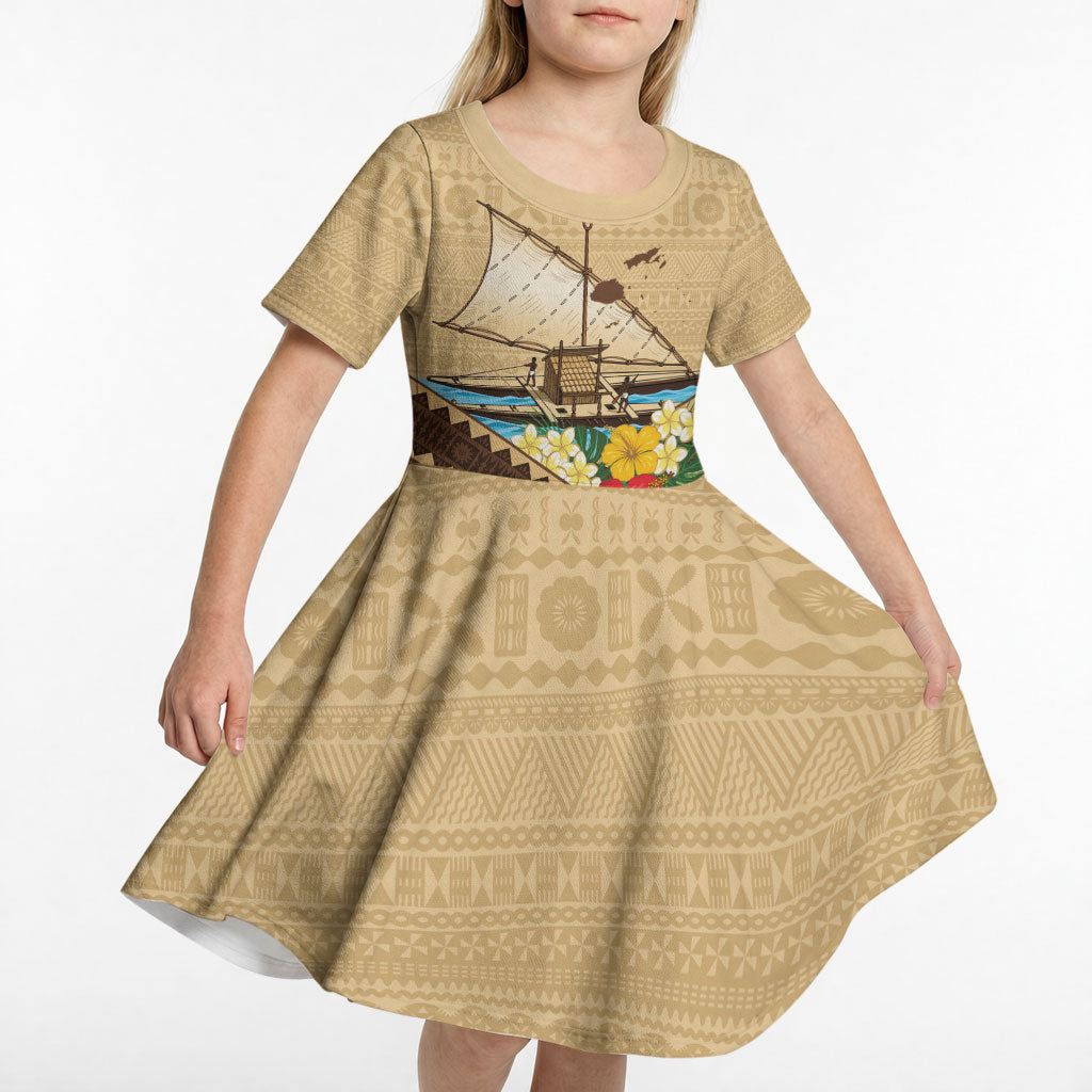 Personalised Bula Vinaka Fiji Drua Kid Short Sleeve Dress Fijian Traditional Canoe Tapa Cloth Beige