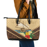 Personalised Bula Vinaka Fiji Drua Leather Tote Bag Fijian Traditional Canoe Tapa Cloth Beige