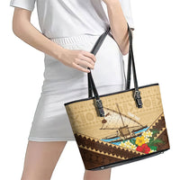 Personalised Bula Vinaka Fiji Drua Leather Tote Bag Fijian Traditional Canoe Tapa Cloth Beige