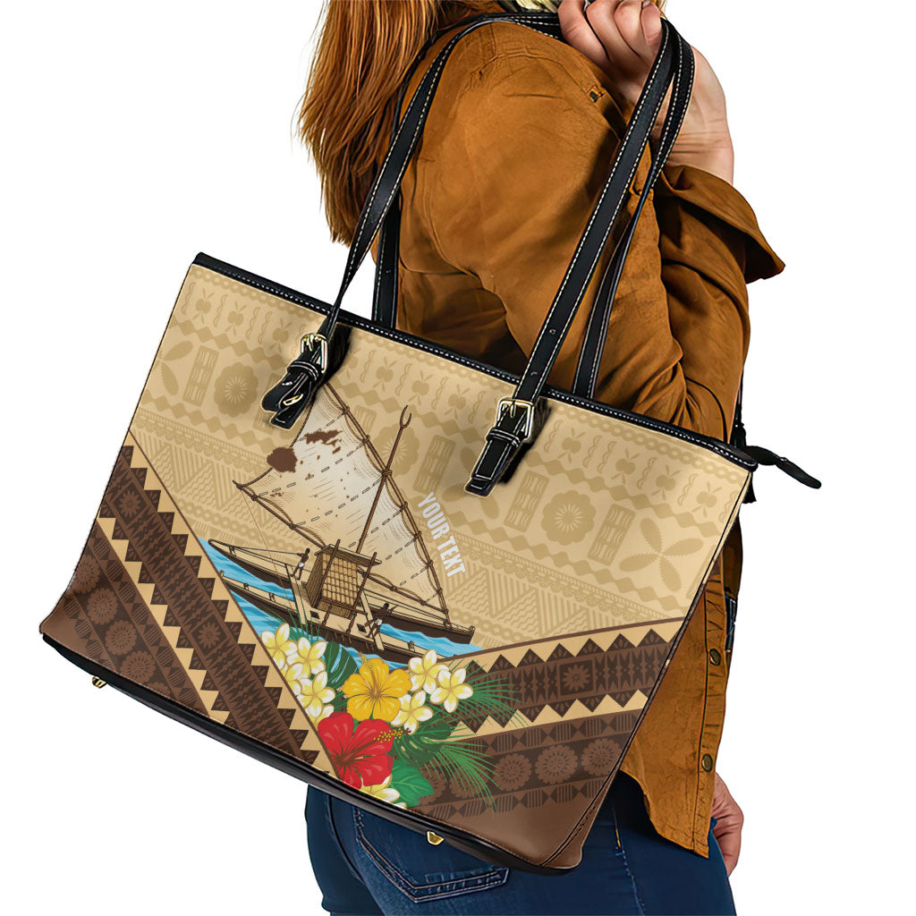 Personalised Bula Vinaka Fiji Drua Leather Tote Bag Fijian Traditional Canoe Tapa Cloth Beige