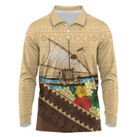 Personalised Bula Vinaka Fiji Drua Long Sleeve Polo Shirt Fijian Traditional Canoe Tapa Cloth Beige