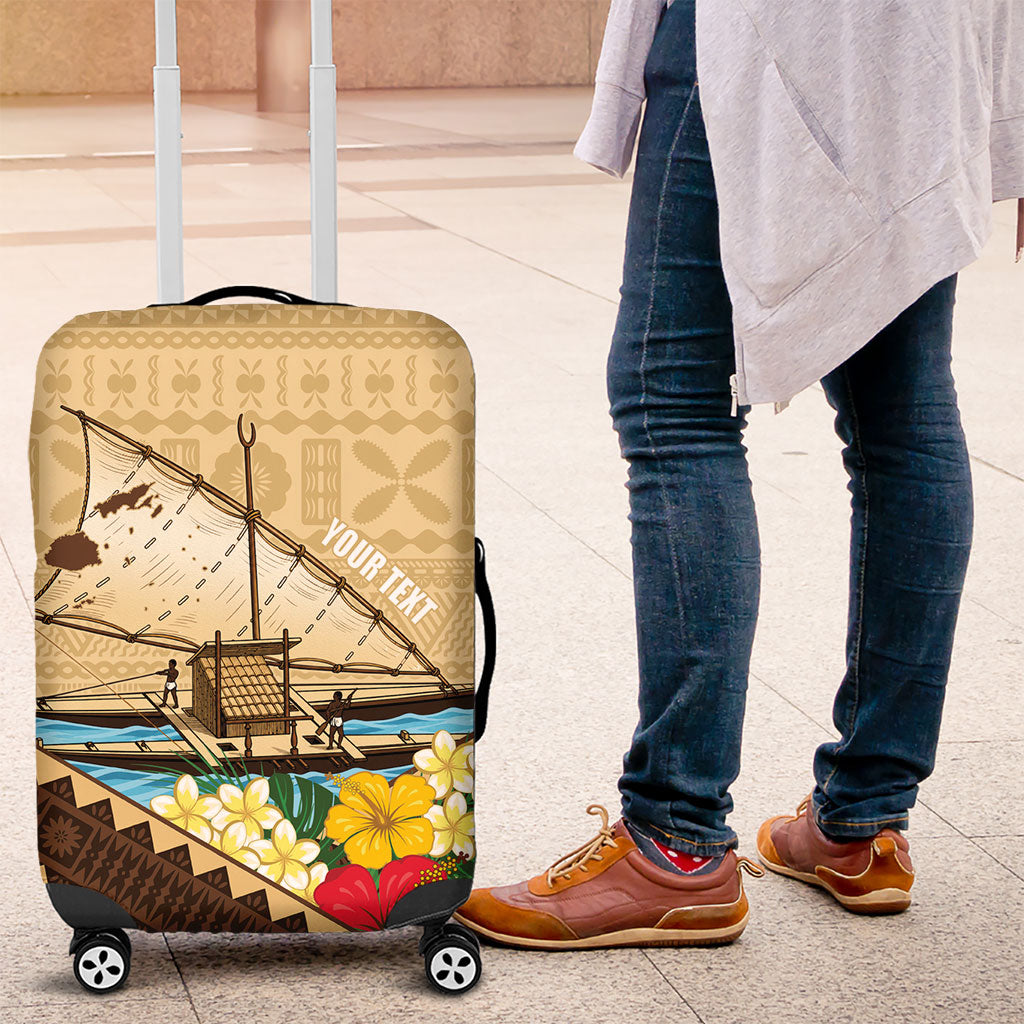 Personalised Bula Vinaka Fiji Drua Luggage Cover Fijian Traditional Canoe Tapa Cloth Beige