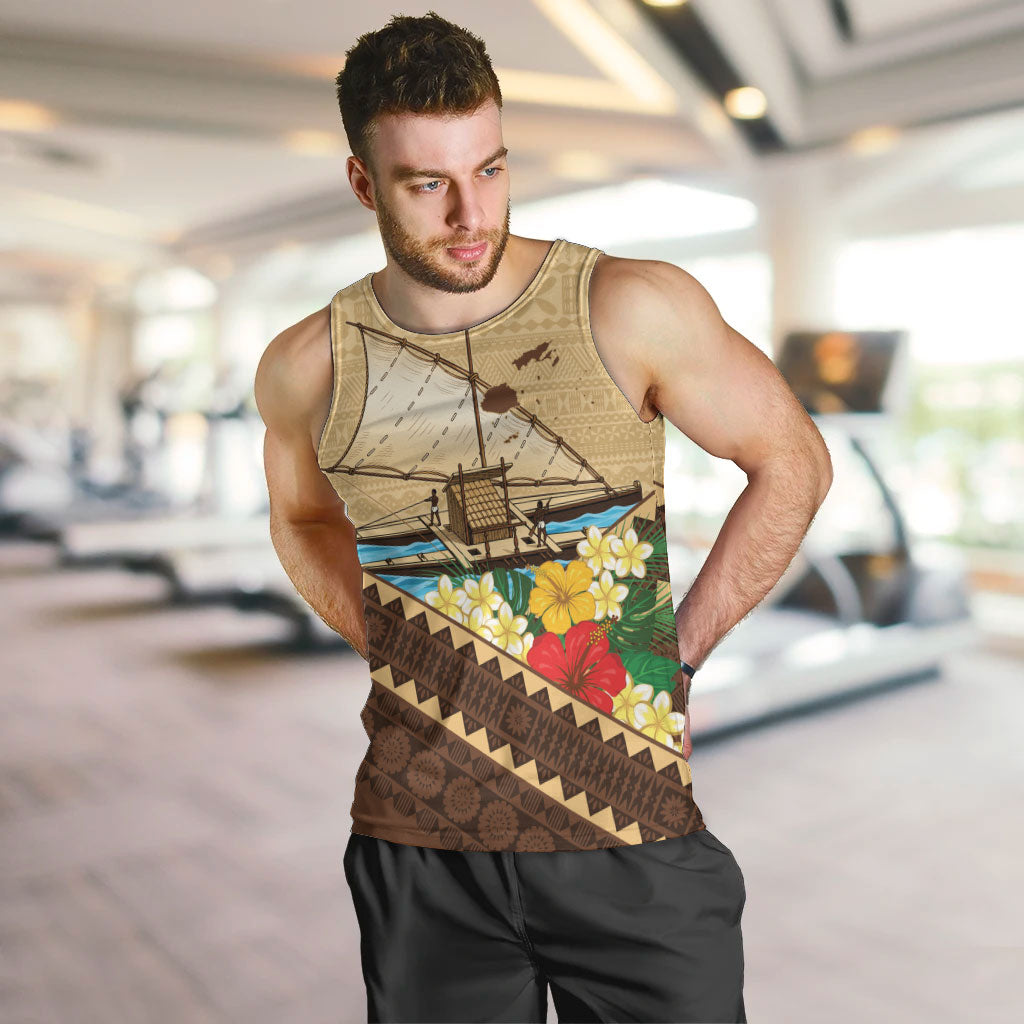 Personalised Bula Vinaka Fiji Drua Men Tank Top Fijian Traditional Canoe Tapa Cloth Beige