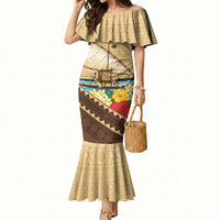Personalised Bula Vinaka Fiji Drua Mermaid Dress Fijian Traditional Canoe Tapa Cloth Beige
