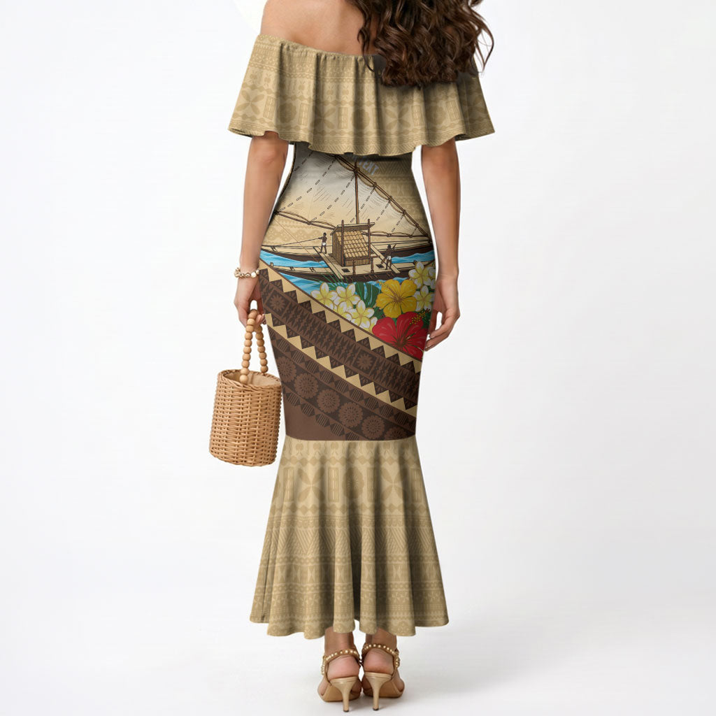 Personalised Bula Vinaka Fiji Drua Mermaid Dress Fijian Traditional Canoe Tapa Cloth Beige
