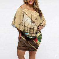 Personalised Bula Vinaka Fiji Drua Off Shoulder Short Dress Fijian Traditional Canoe Tapa Cloth Beige