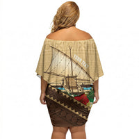 Personalised Bula Vinaka Fiji Drua Off Shoulder Short Dress Fijian Traditional Canoe Tapa Cloth Beige