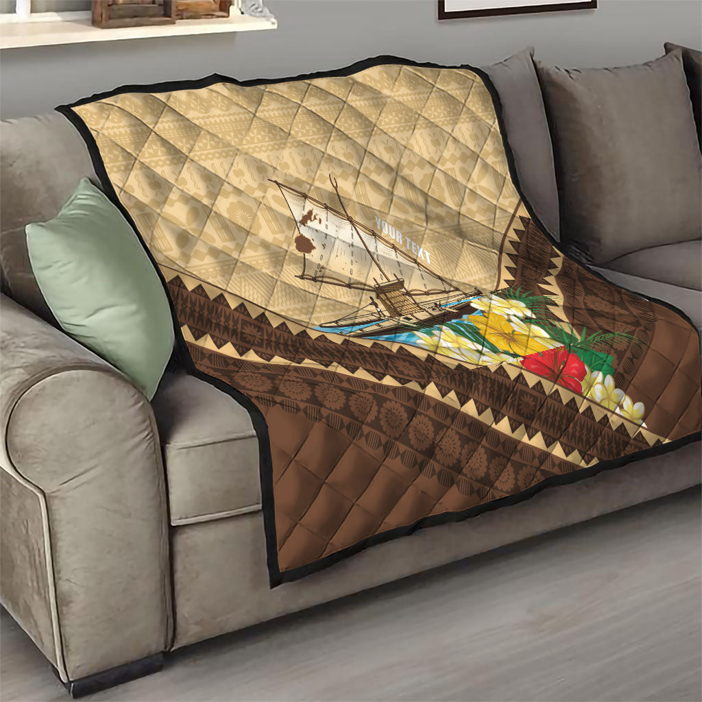 Personalised Bula Vinaka Fiji Drua Quilt Fijian Traditional Canoe Tapa Cloth Beige