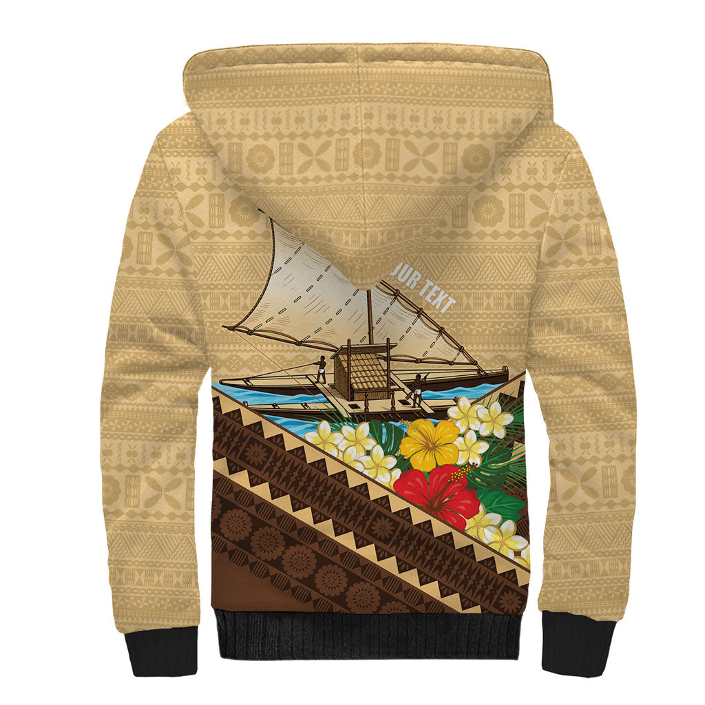 Personalised Bula Vinaka Fiji Drua Sherpa Hoodie Fijian Traditional Canoe Tapa Cloth Beige