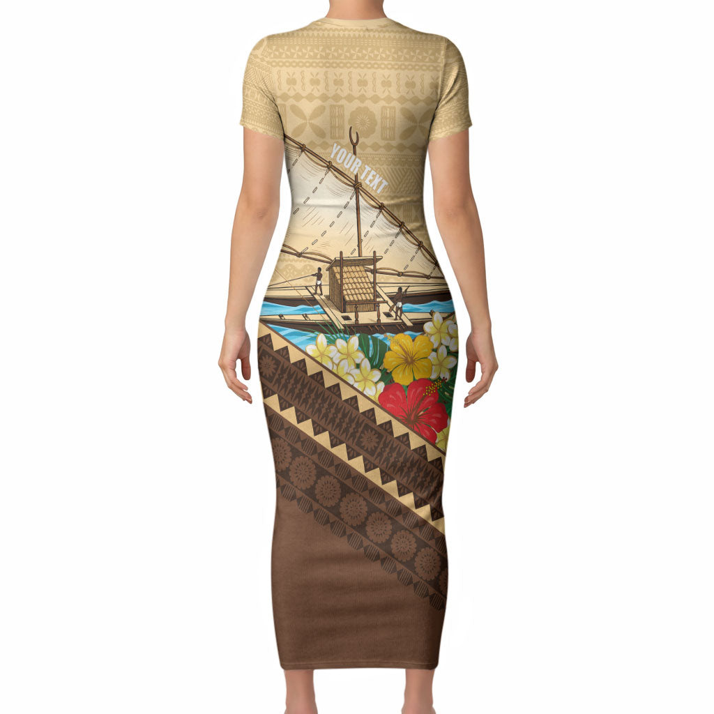 Personalised Bula Vinaka Fiji Drua Short Sleeve Bodycon Dress Fijian Traditional Canoe Tapa Cloth Beige