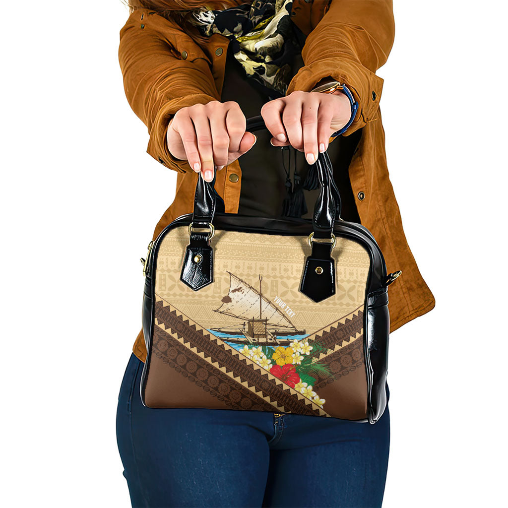 Personalised Bula Vinaka Fiji Drua Shoulder Handbag Fijian Traditional Canoe Tapa Cloth Beige
