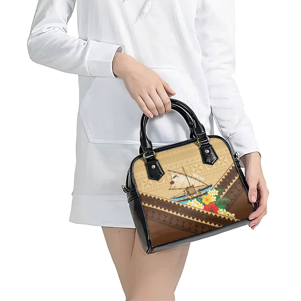 Personalised Bula Vinaka Fiji Drua Shoulder Handbag Fijian Traditional Canoe Tapa Cloth Beige