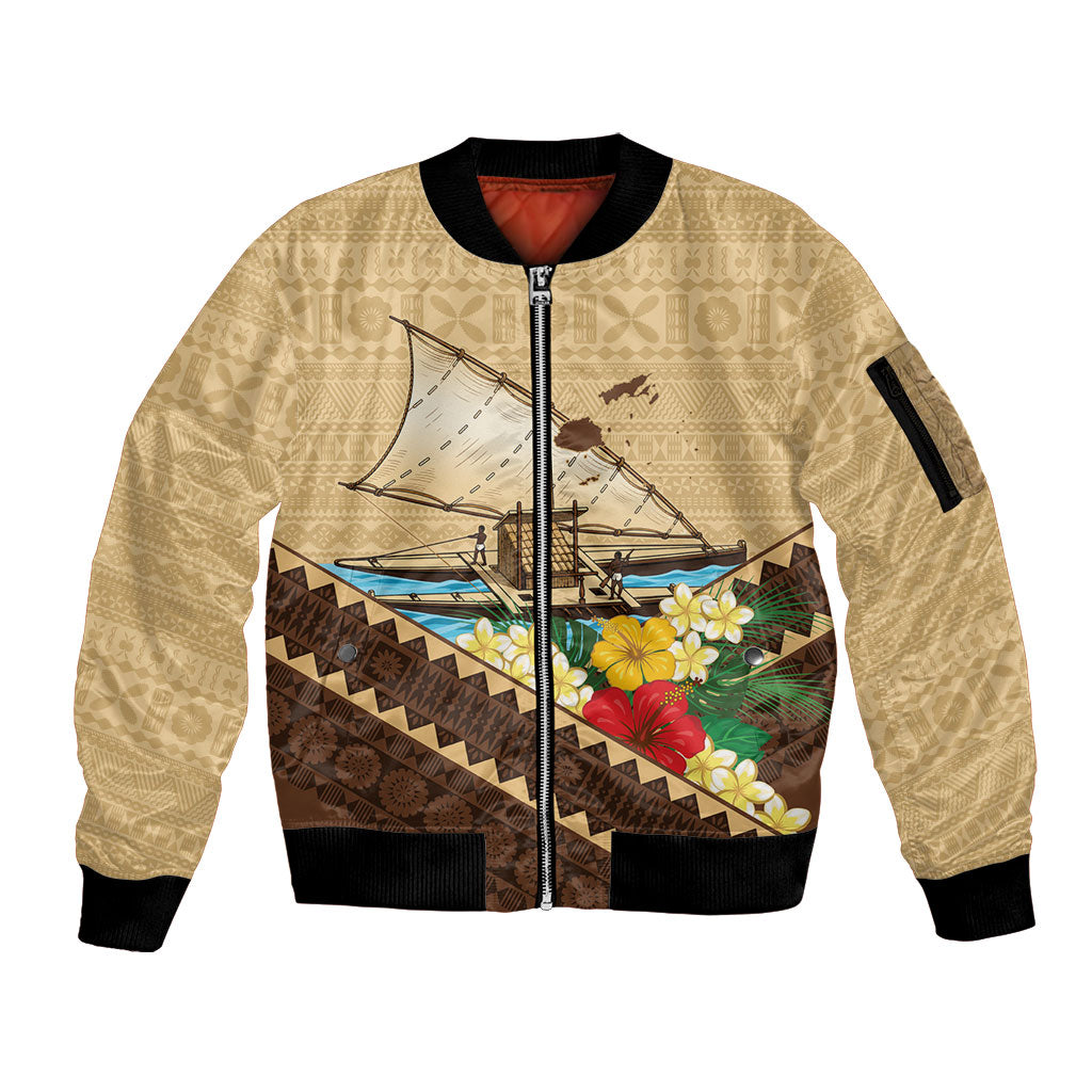 Personalised Bula Vinaka Fiji Drua Sleeve Zip Bomber Jacket Fijian Traditional Canoe Tapa Cloth Beige