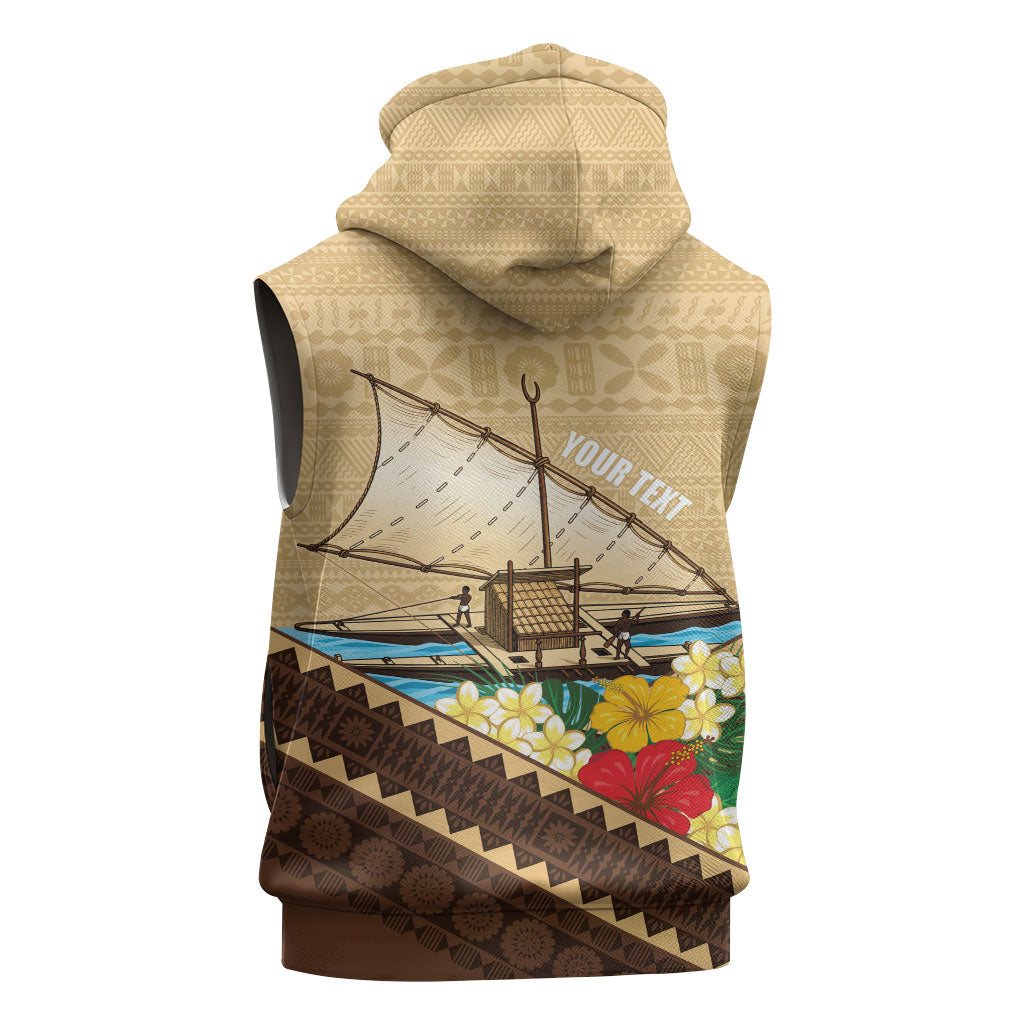 Personalised Bula Vinaka Fiji Drua Sleeveless Hoodie Fijian Traditional Canoe Tapa Cloth Beige LT14 - Polynesian Pride