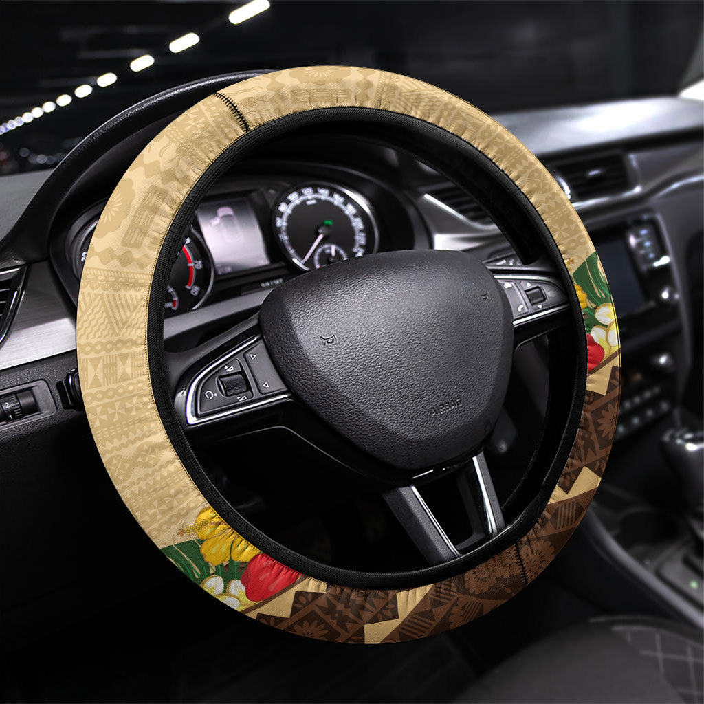 Bula Vinaka Fiji Drua Steering Wheel Cover Fijian Traditional Canoe Tapa Cloth Beige