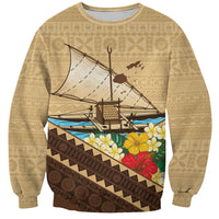 Personalised Bula Vinaka Fiji Drua Sweatshirt Fijian Traditional Canoe Tapa Cloth Beige