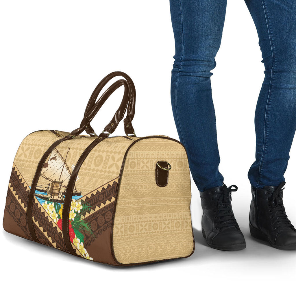 Personalised Bula Vinaka Fiji Drua Travel Bag Fijian Traditional Canoe Tapa Cloth Beige