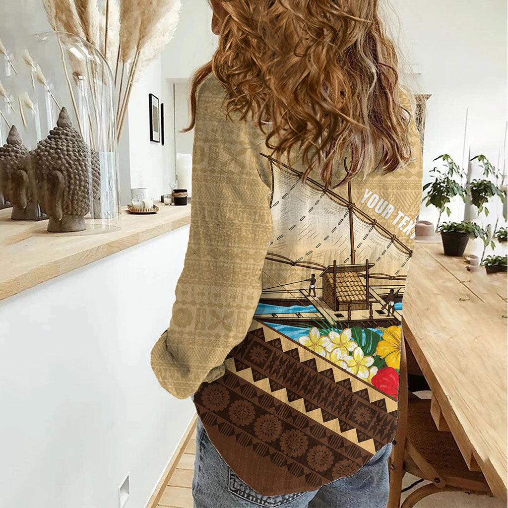 Personalised Bula Vinaka Fiji Drua Women Casual Shirt Fijian Traditional Canoe Tapa Cloth Beige