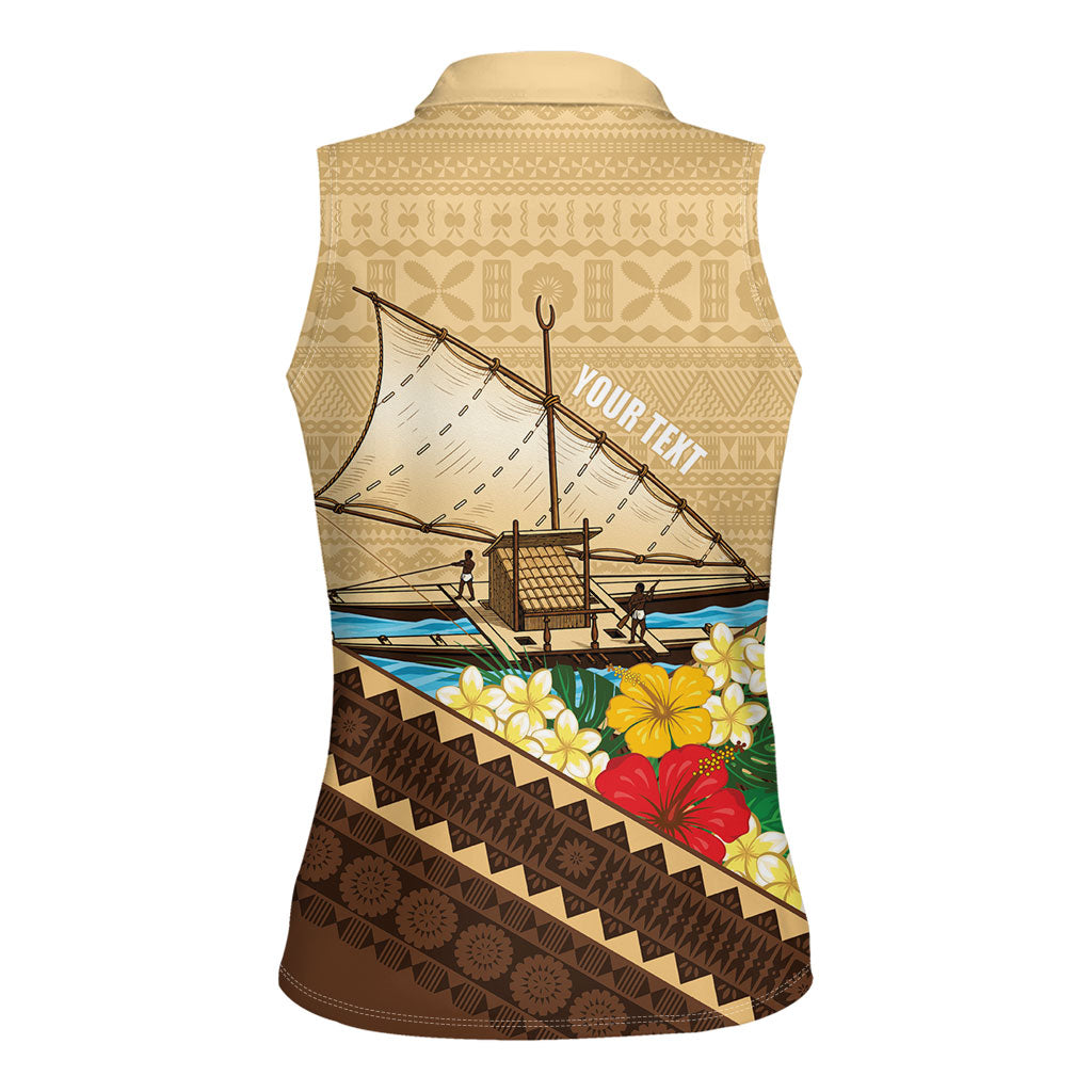 Personalised Bula Vinaka Fiji Drua Women Sleeveless Polo Shirt Fijian Traditional Canoe Tapa Cloth Beige