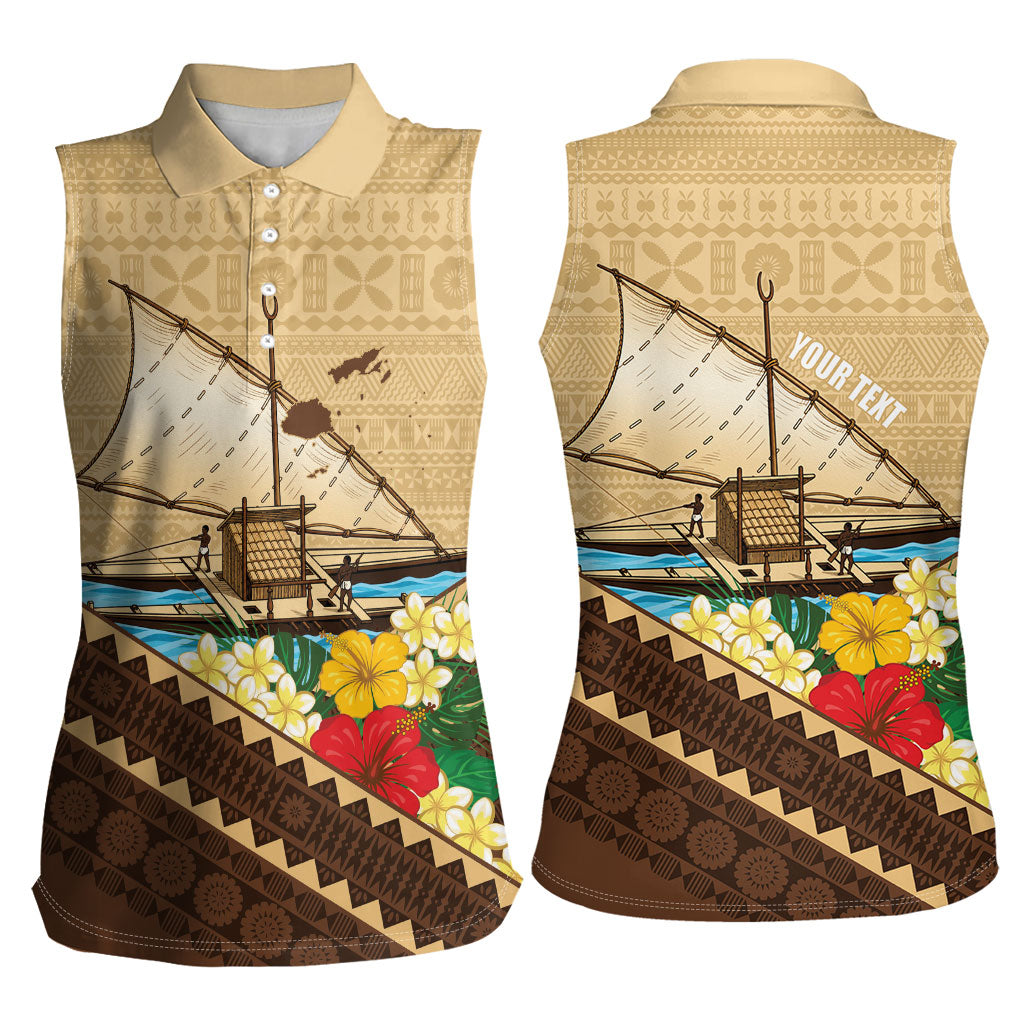 Personalised Bula Vinaka Fiji Drua Women Sleeveless Polo Shirt Fijian Traditional Canoe Tapa Cloth Beige