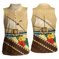 Personalised Bula Vinaka Fiji Drua Women Sleeveless Polo Shirt Fijian Traditional Canoe Tapa Cloth Beige