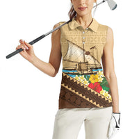 Personalised Bula Vinaka Fiji Drua Women Sleeveless Polo Shirt Fijian Traditional Canoe Tapa Cloth Beige