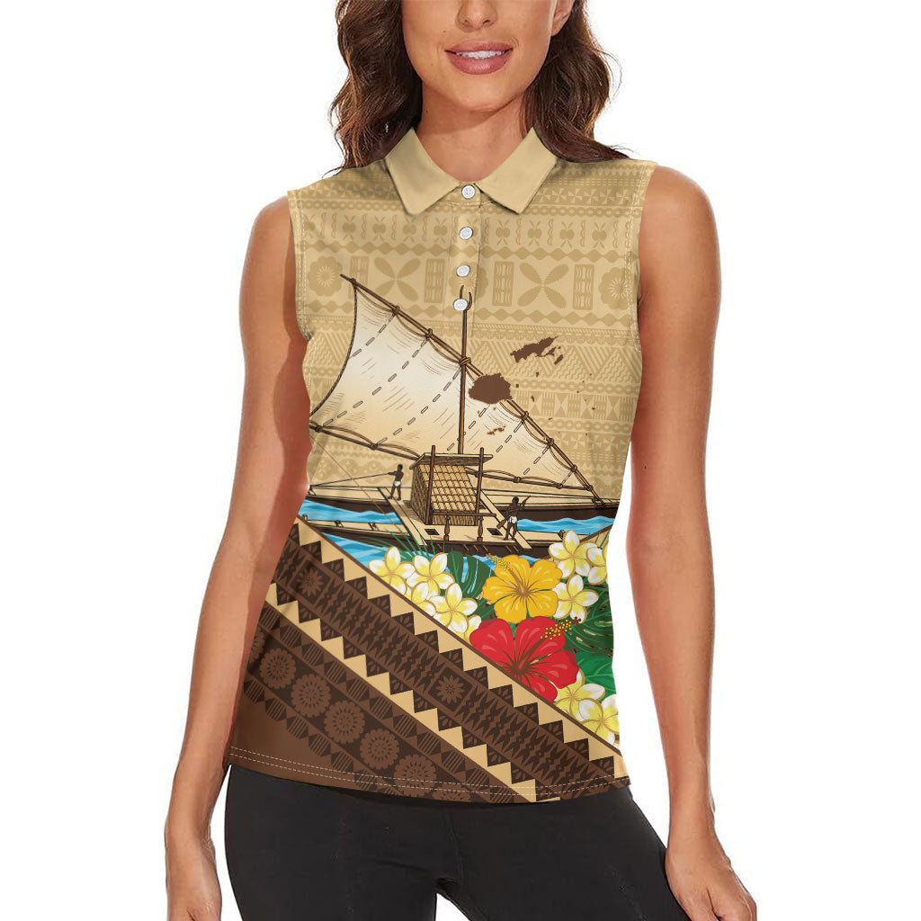 Personalised Bula Vinaka Fiji Drua Women Sleeveless Polo Shirt Fijian Traditional Canoe Tapa Cloth Beige