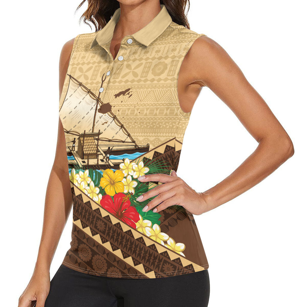 Personalised Bula Vinaka Fiji Drua Women Sleeveless Polo Shirt Fijian Traditional Canoe Tapa Cloth Beige