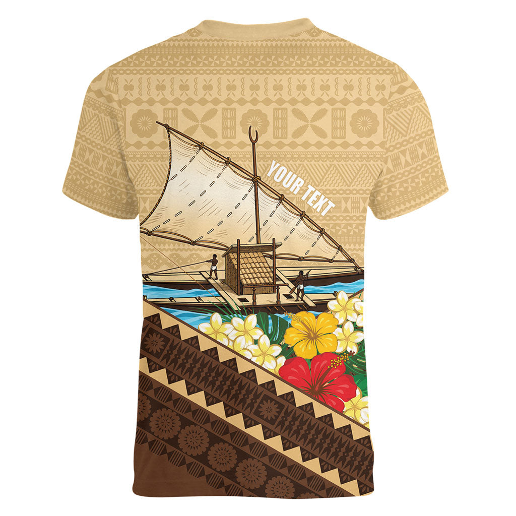 Personalised Bula Vinaka Fiji Drua Women V-Neck T-Shirt Fijian Traditional Canoe Tapa Cloth Beige