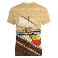 Personalised Bula Vinaka Fiji Drua Women V-Neck T-Shirt Fijian Traditional Canoe Tapa Cloth Beige
