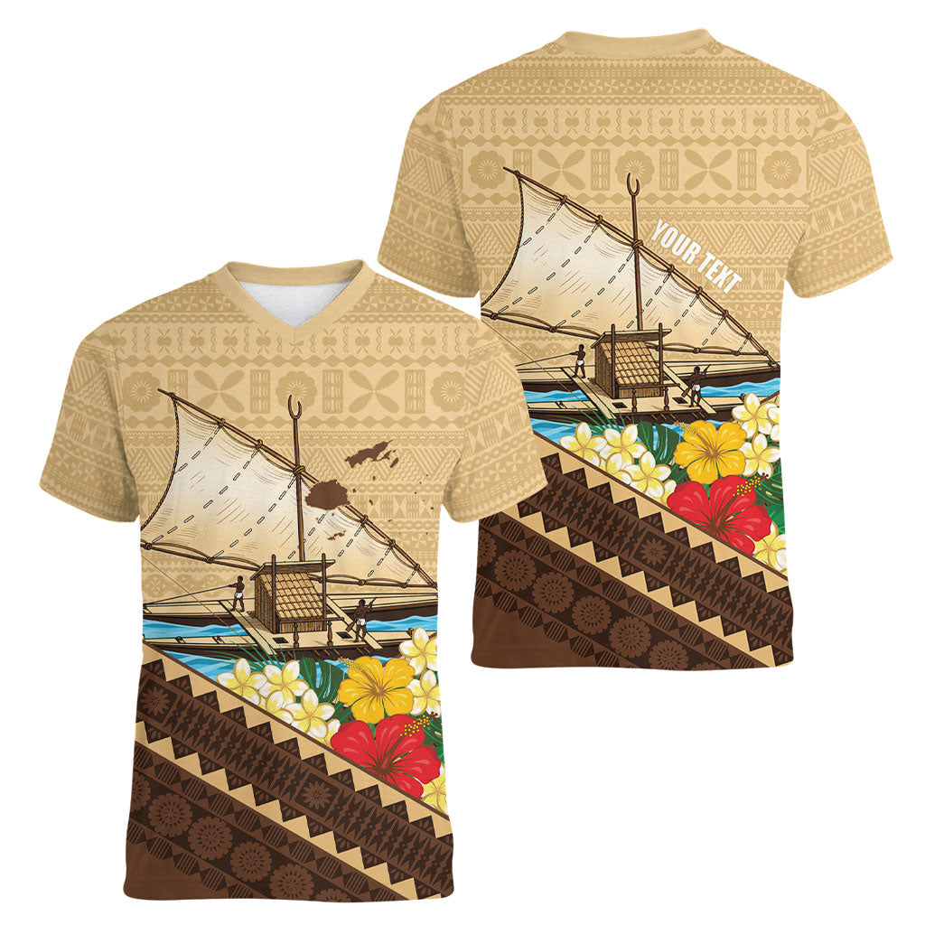 Personalised Bula Vinaka Fiji Drua Women V-Neck T-Shirt Fijian Traditional Canoe Tapa Cloth Beige