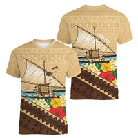 Personalised Bula Vinaka Fiji Drua Women V-Neck T-Shirt Fijian Traditional Canoe Tapa Cloth Beige