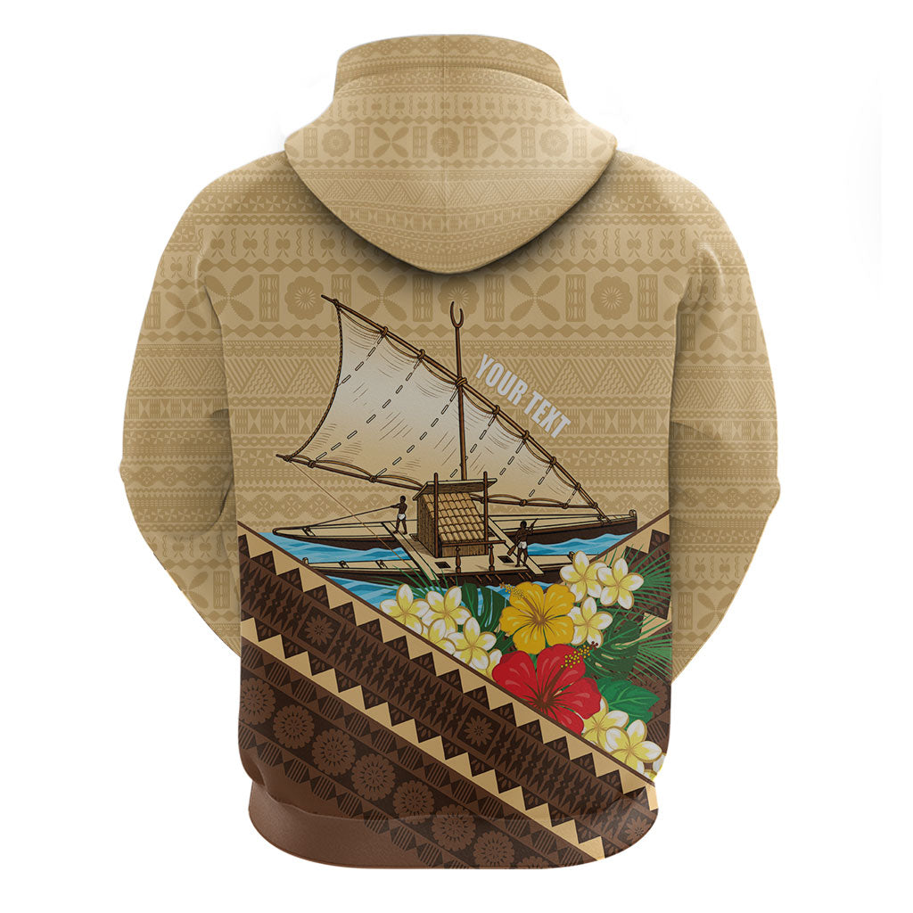 Personalised Bula Vinaka Fiji Drua Zip Hoodie Fijian Traditional Canoe Tapa Cloth Beige