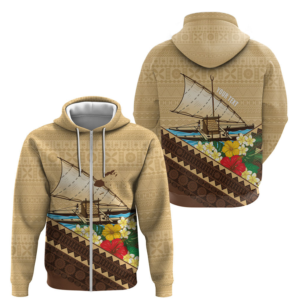 Personalised Bula Vinaka Fiji Drua Zip Hoodie Fijian Traditional Canoe Tapa Cloth Beige