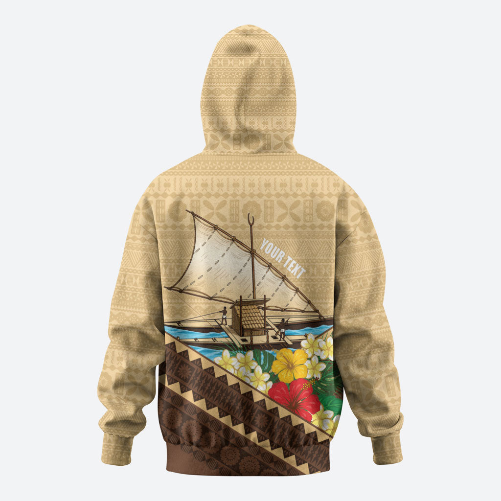 Personalised Bula Vinaka Fiji Drua Zip Hoodie Fijian Traditional Canoe Tapa Cloth Beige