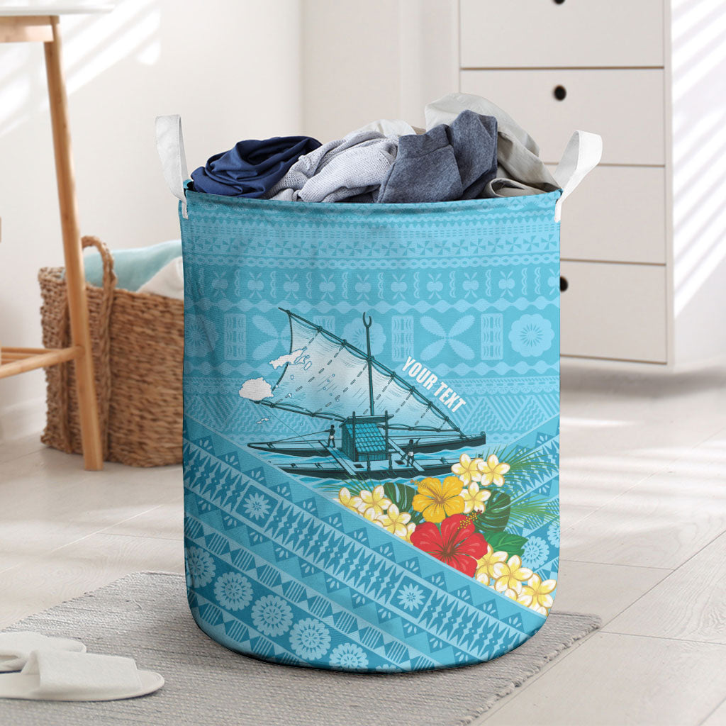 Personalised Bula Vinaka Fiji Drua Laundry Basket Fijian Traditional Canoe Tapa Cloth Blue